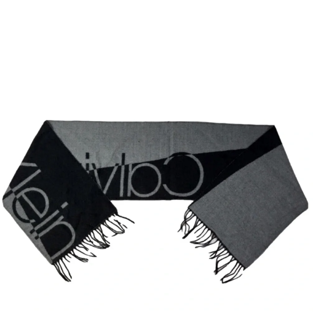 CALVIN KLEIN Scarf Two Tone Logo Fringed Black Grey Colorblock Knit - Picture 2 of 3